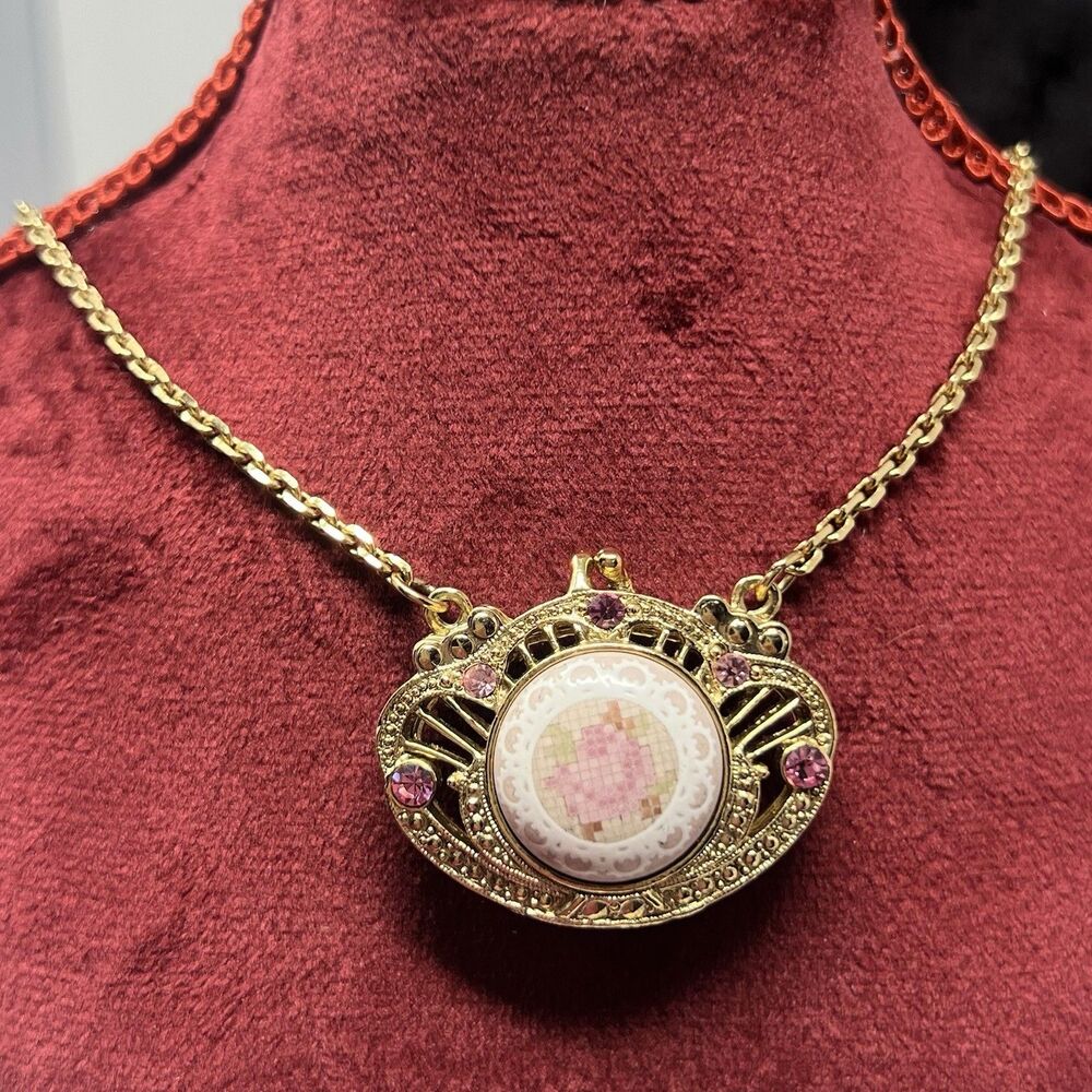 Vintage 1928 Necklace And Earrings Set Long Gold Rose cameo Locket Pierced Rare - Picture 13 of 15